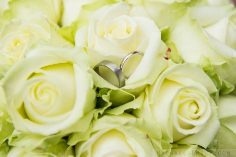 Bridal bouquet of roses and wedding rings!  Central London, UK, 2013.
